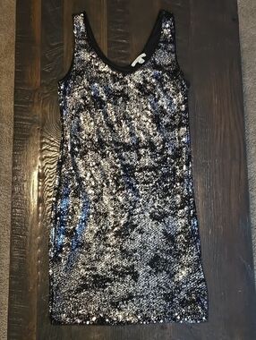 Soprano Black & Silver Sequin Scoop Neck Mini Dress